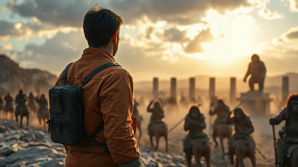 Planet Apes Mark Wahlberg movie scene with a human facing ape warriors on horseback