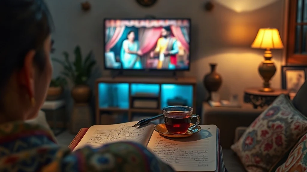 yrkkh written update guide with a person writing episode recap in a cozy Indian living room