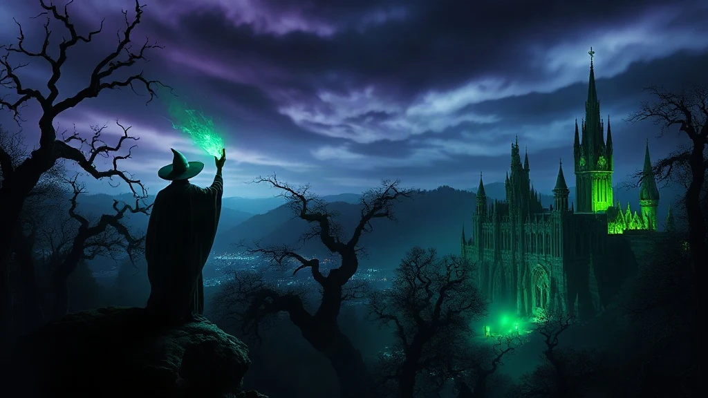 wicked part 2 trailer guide with a witch silhouette and the Emerald City at twilight